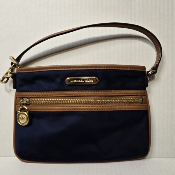 416. Michael Kors Navy Blue with Gold Accents - Wristlet Small Purse EUC Nylon - Picture 1 of 9